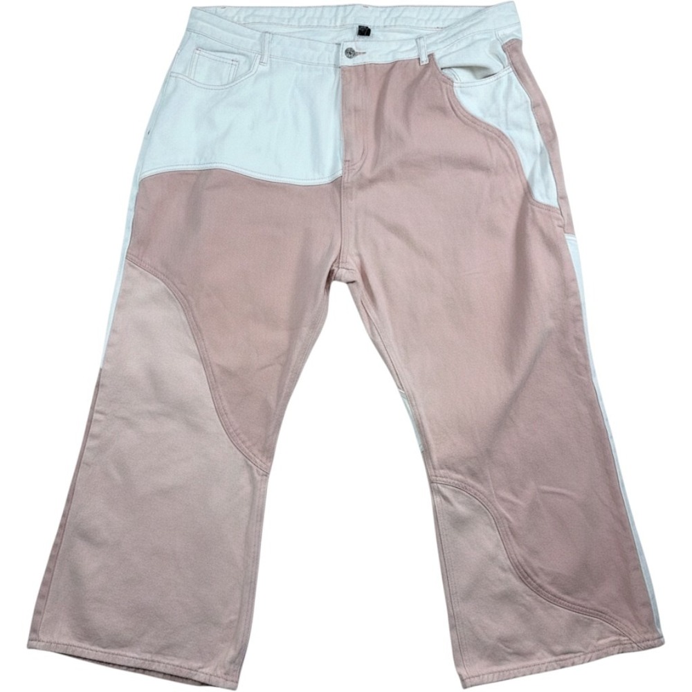 Cider Two Tone Patchwork Wide‎ Leg Jeans Pink White High Rise 4XL Denim Pants